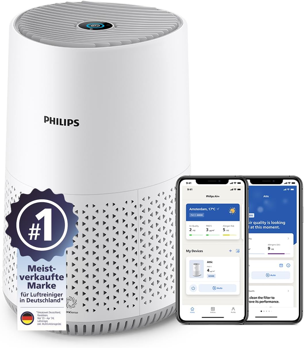 Purificator de aer Philips seria 600, eficient energetic cu senzor inteligent, pentru persoane alergice, filtru HEPA care elimină 99,97% dintre poluanți, acoperă până la 44 m2, control prin aplicație, alb (AC0651/10)