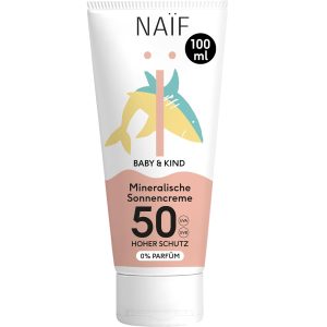 Cremă de protecție solară minerală Naïf SPF 50 pentru bebeluși și copii - Cremă - 0% parfum - 100 ml - Protecție directă UVA și UVB - Rezistent la apă - Testat dermatologic - Fără microplastice - Ecologic | 0% parfum, protecție UVA și UVB, rezistent la apă, testat dermatologic, fără microplastice