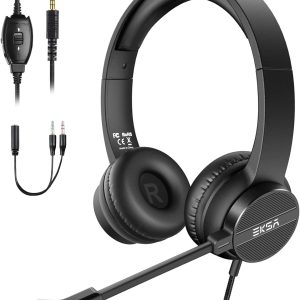 Căști PC EKSA H12 cu microfon, căști business de 3,5 mm cu comutator de dezactivare a sunetului și control al volumului, sunet stereo clar, căști PC cu fir pentru birou/centru de apeluri/birou/Skype/Zoom/echipe