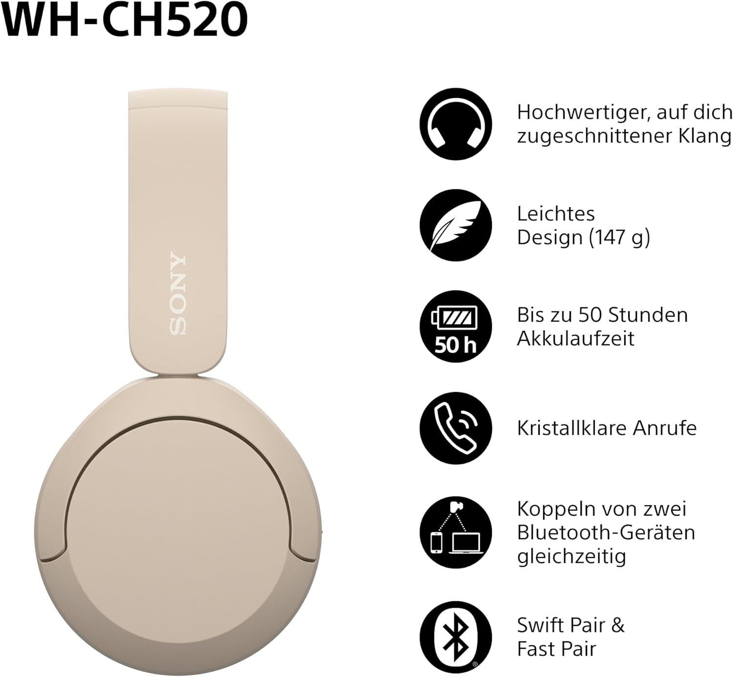Căști Bluetooth wireless Sony WH-CH520, supraauriculare, calitate înaltă a sunetului, design ușor, durată de viață a bateriei de până la 50 de ore, încărcare rapidă, egalizator, calitate clară a conversațiilor, iOS și Android - bej - Image 2