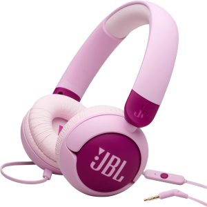 Căști supraauriculare cu fir JBL Junior 320 cu microfon încorporat pentru copii, JBL Safe Sound, volum redus, set de pad-uri moi de 12 mm și autocolante, design portabil, violet