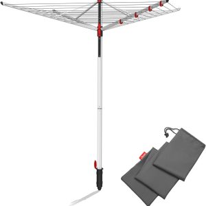 Ușor de uscat rotativ compact Vileda Sun-Lift, lungime fir de uscare 40 m, înălțime reglabilă de la 1,60 la 1,81 m, sistem Easy-Lift, incl. suport pentru 8 umerașe, manșon de sol, husă de protecție rezistentă la UV, pachet Eco Pack