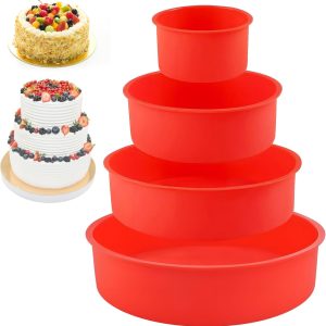 Set de forme de copt din silicon - 4 piese rotunde pentru prăjituri în straturi, cheesecake-uri, pâine - forme de tort antiaderente de 4/6/8/10 inch (roșu)