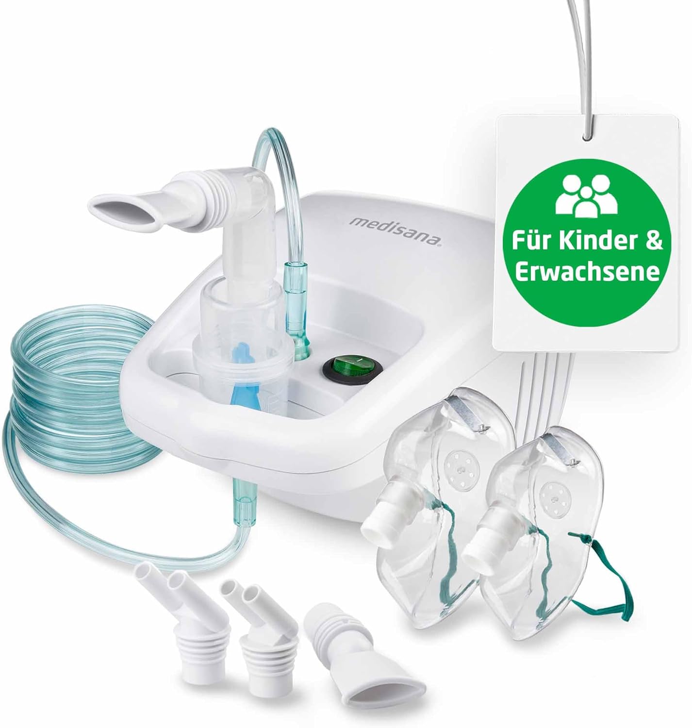 Inhalator Medisana IN 500, nebulizator cu compresor, cu piesă bucală și mască pentru adulți și copii, pentru răceală sau astm, cu accesorii suplimentare și furtun lung