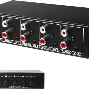 Comutator audio Aicharynic, Comutator audio 4 intrări 1 ieșire, Comutator audio Aux 3,5 mm + RCA L/R, Comutator audio bidirecțional, Cutie de selecție audio, Splitter audio video pentru căști, phono, difuzor