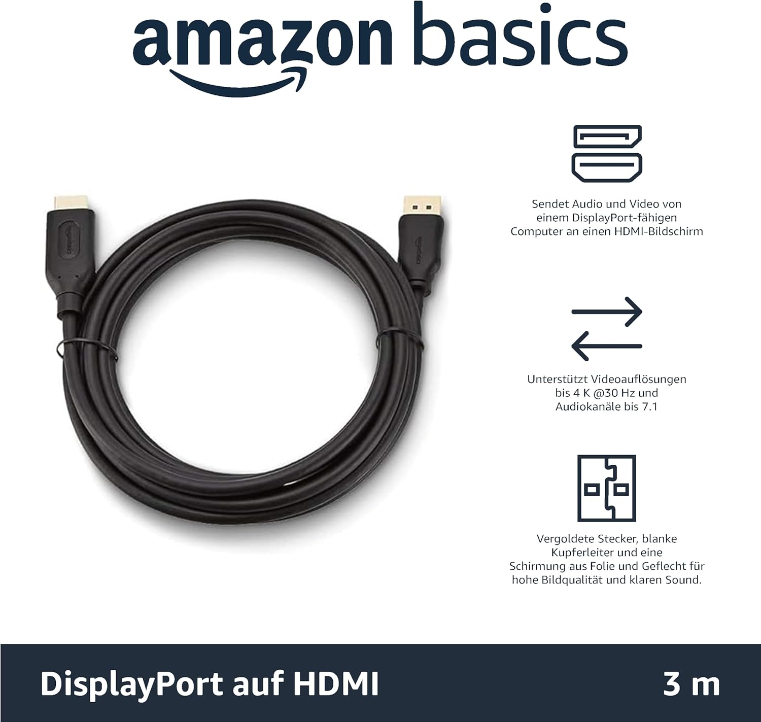 Cablu AmazonBasics DisplayPort la HDMI cu conectori placați cu aur, 3,04 m (10 ft) - Image 2