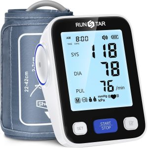 Tensiometru digital automat pentru braț RunStar cu manșetă lată (22 cm - 42 cm) pentru uz casnic, tensiometru digital automat cu geantă de depozitare, memorie 2 x 99 citiri