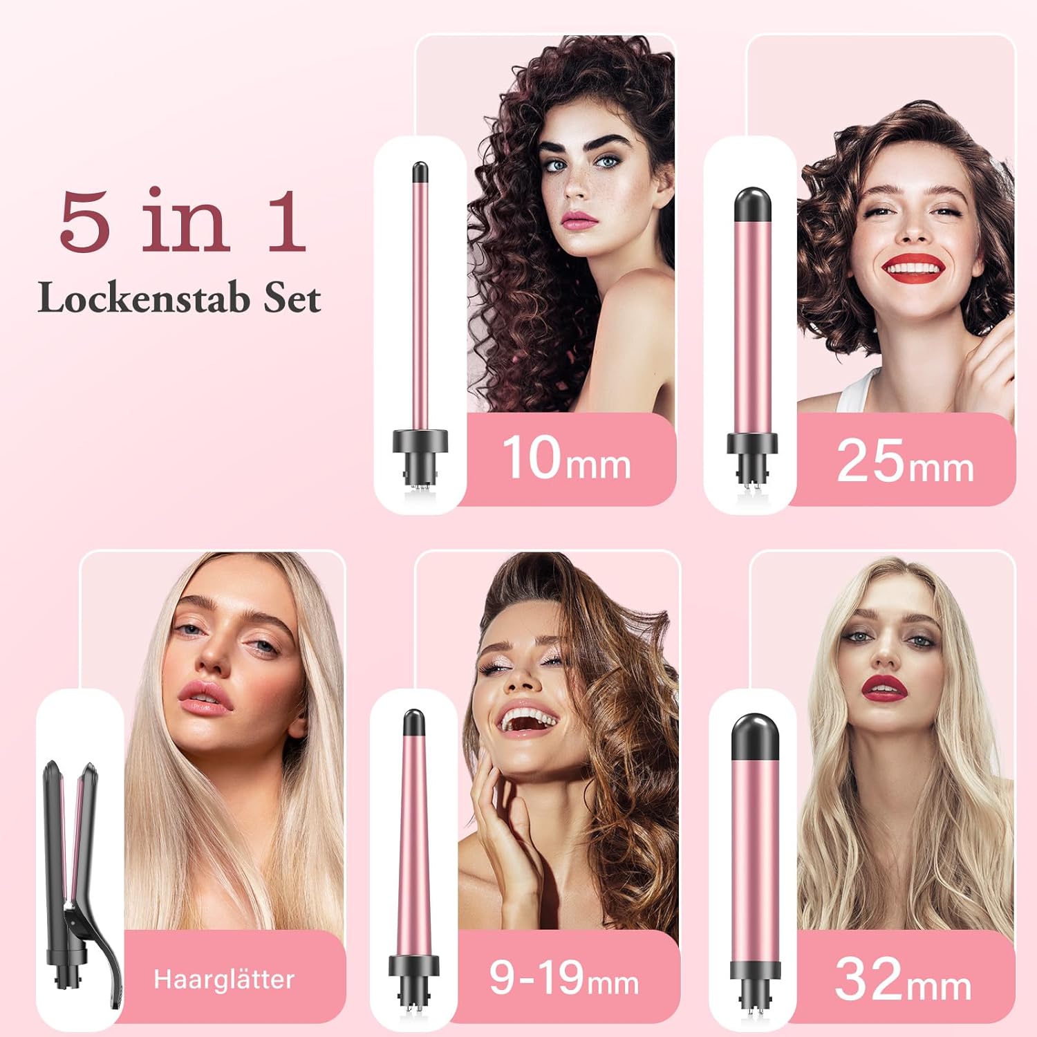 Ondulator ceramic 5 în 1 cu placă de îndreptat părul - Set ondulator BESTOPE MIX cu diverse accesorii pentru bucle mari și mici, încălzire rapidă 10-32 mm, 2 temperaturi reglabile pentru păr lung și scurt - Image 2