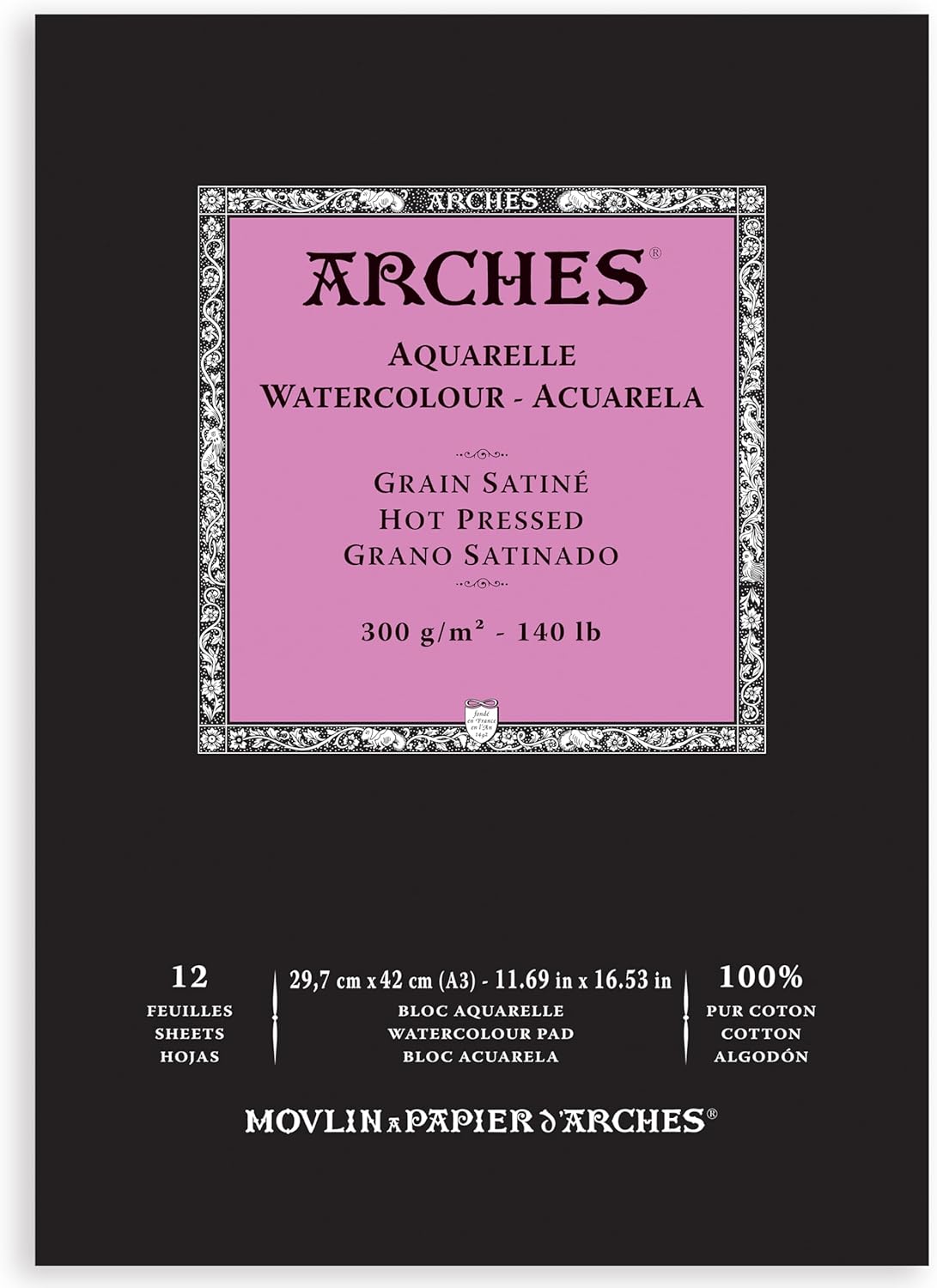 Bloc de notițe ARCHES A1795099 Aquarelle 100% satinat, 300 g, lipit, A3, 12 coli, alb natural