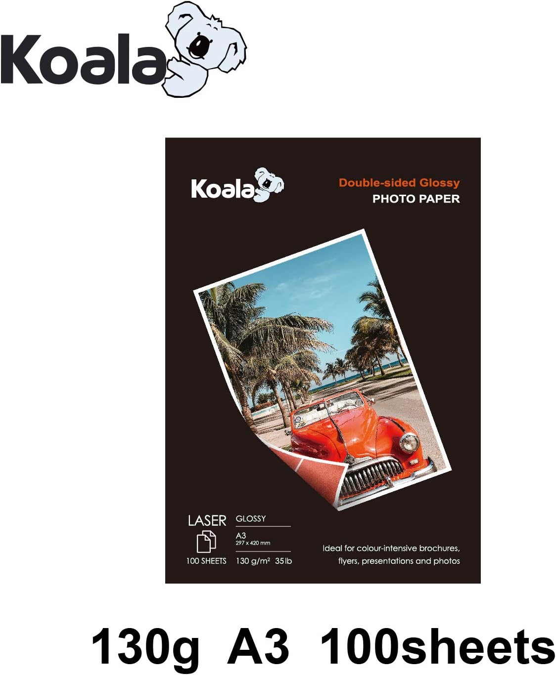 Hârtie foto laser lucioasă față-verso A3 KOALA, 100 de coli, 130 g/m², potrivită pentru imprimarea fotografiilor, certificatelor, broșurilor, pliantelor, dosarelor, felicitărilor, calendarelor, lucrărilor de artă - Image 2