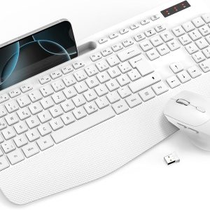 Set tastatură și mouse wireless, tastatură ergonomică de dimensiuni normale cu suport pentru încheietura mâinii, suport pentru telefon, mod repaus, tastatură și mouse wireless silențioase de 2,4 GHz pentru Windows, computer, laptop, PC - alb