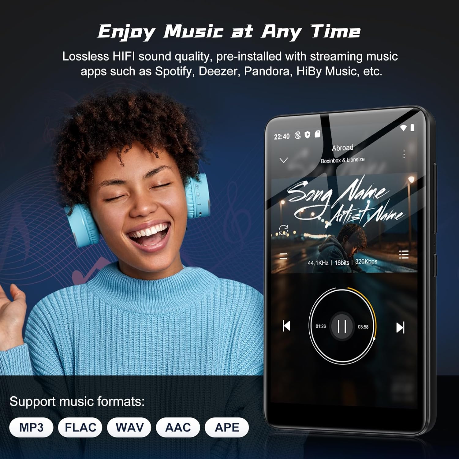 Player MP3 de 160 GB cu Bluetooth și WiFi, Player MP3 Spotify, Android 13, Ecran tactil 1080P de 4,02 inci, Player MP4, Player muzical portabil, Audible, Amazon Music, Player Store, Extensibil până la 1 TB - Image 2