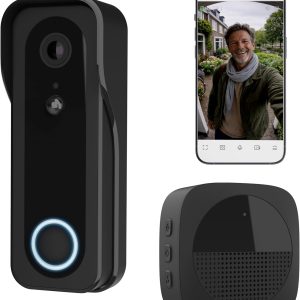 Sonerie video Wi-Fi Trust cu cameră cu sonerie, 2K HD, unghi larg de 3MP, sonerie video wireless inteligentă cu gong, 30 de melodii, compatibilă cu aplicație, reîncărcabilă USB-C, vedere nocturnă, impermeabilă, neagră