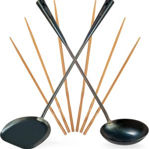 YOSUKATA Polonic pentru wok, spatulă și 3 perechi de bețișoare din lemn - Set de tacâmuri de bucătărie din oțel carbon albastru pretratat, spatulă de 43 cm Polonic pentru bucătărie și supă - Accesorii pentru wok - Spatulă