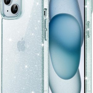 Husa JETech cu sclipici pentru iPhone 15 6,1 inci, husă de telefon mobil rezistentă la șocuri cu sclipici strălucitor, husă de protecție drăguță cu sclipici pentru femei și fete (albastru)