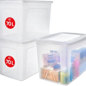 Iris Ohyama Set de 3 Cutii de Depozitare, 70 L, Transparente, Stivuibile, Sufragerie, Dormitor, Modulare, Cutie Transparentă MCB-70, Transparentă
