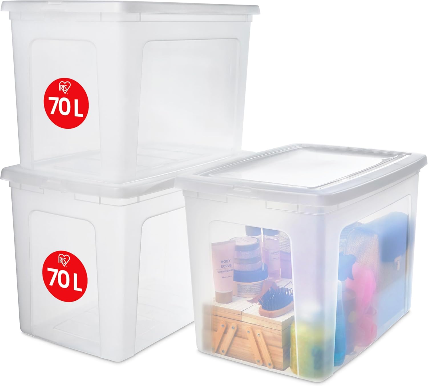 Iris Ohyama Set de 3 Cutii de Depozitare, 70 L, Transparente, Stivuibile, Sufragerie, Dormitor, Modulare, Cutie Transparentă MCB-70, Transparentă