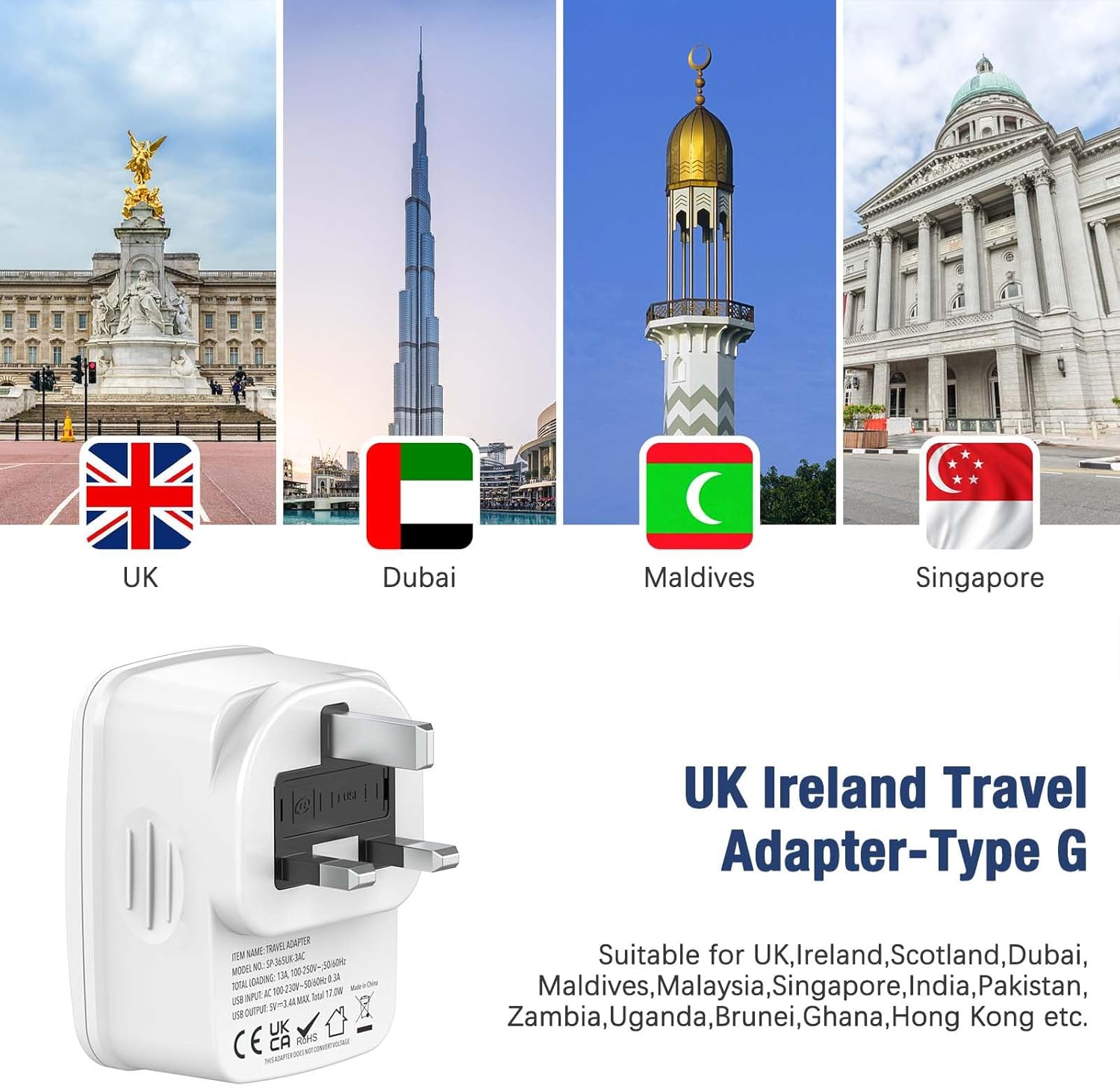 Adaptor priză Hoppac UK, Adaptor Anglia-Germania, Adaptor priză Anglia 5 în 1, cu 3 USB A și 1 USB C, Adaptor de călătorie tip G pentru Marea Britanie, Irlanda, Dubai, Maldive - Image 3