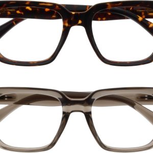 Ochelari OPULIZE ERA cu filtru de lumină albastră pentru bărbați și femei - Lentile transparente - Anti-reflex și anti-reflex - Pachet de 2 - Protecție UV400 - Ramă dreptunghiulară mare - Ochelari de calculator pentru gaming - Maro gri - +0.00