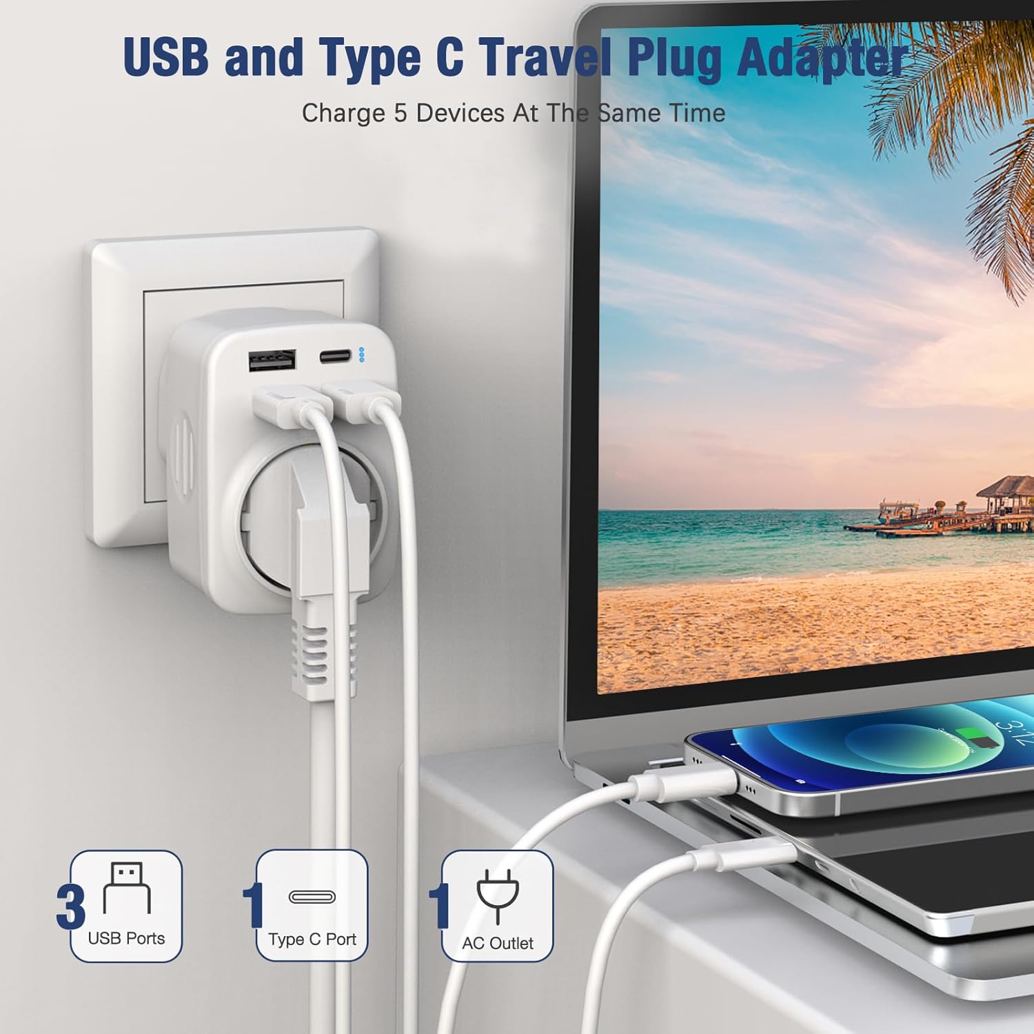 Adaptor priză Hoppac UK, Adaptor Anglia-Germania, Adaptor priză Anglia 5 în 1, cu 3 USB A și 1 USB C, Adaptor de călătorie tip G pentru Marea Britanie, Irlanda, Dubai, Maldive - Image 2