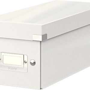 Cutie de depozitare Leitz Click & Store Slim, depozitare CD-uri, ideală ca și cutie cadou, cu capac, cutie stivuibilă cu capse, fabricată din carton dur de înaltă calitate cu suprafață laminată, albă, 60410001