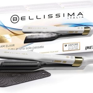 Bellissima Steam Elixir Placă de îndreptat părul cu abur, îndreptată într-o singură instalație, fără a deteriora părul, acoperire ceramică, ulei de argan, încălzire rapidă, covoraș protector rezistent la căldură cu 4 temperaturi