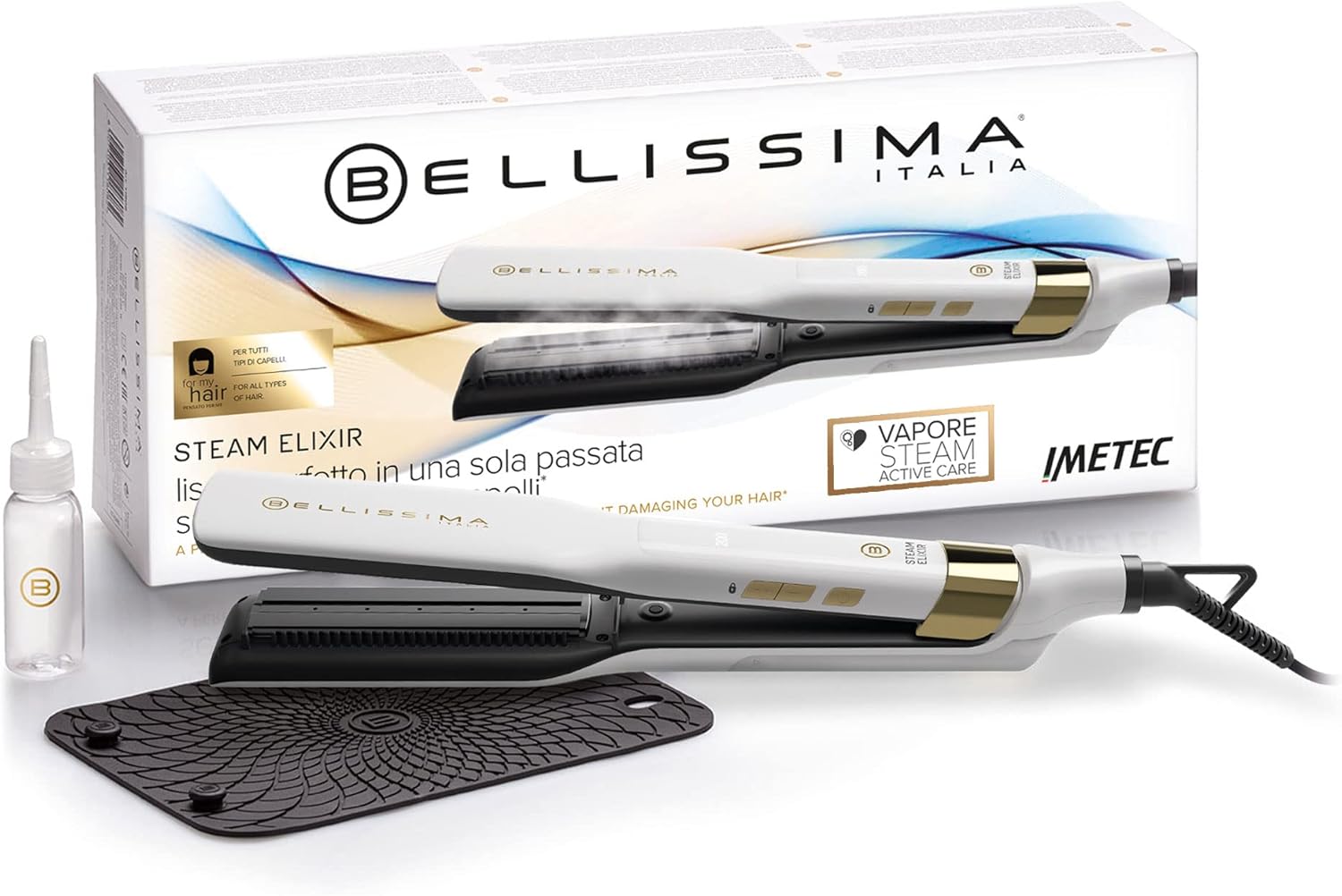 Bellissima Steam Elixir Placă de îndreptat părul cu abur, îndreptată într-o singură instalație, fără a deteriora părul, acoperire ceramică, ulei de argan, încălzire rapidă, covoraș protector rezistent la căldură cu 4 temperaturi