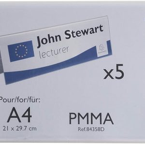 Exacompta 84358D Set de 5 ecusoane de masă, format orizontal, DIN A4, pliate, fabricate din acril de înaltă calitate, pot fi utilizate pe ambele părți, rezistente la UV, suport de masă 30 x 10,5 cm, transparent