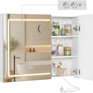 VASAGLE Kailyn Collection BBK134W01 Dulap cu oglindă și iluminare, 16,5 x 80 x 60 cm, Dulap de baie, Dulap de perete, Prelungitor, Funcție de dezaburire, Oglinzi cu mărire 10x, Modern, Alb