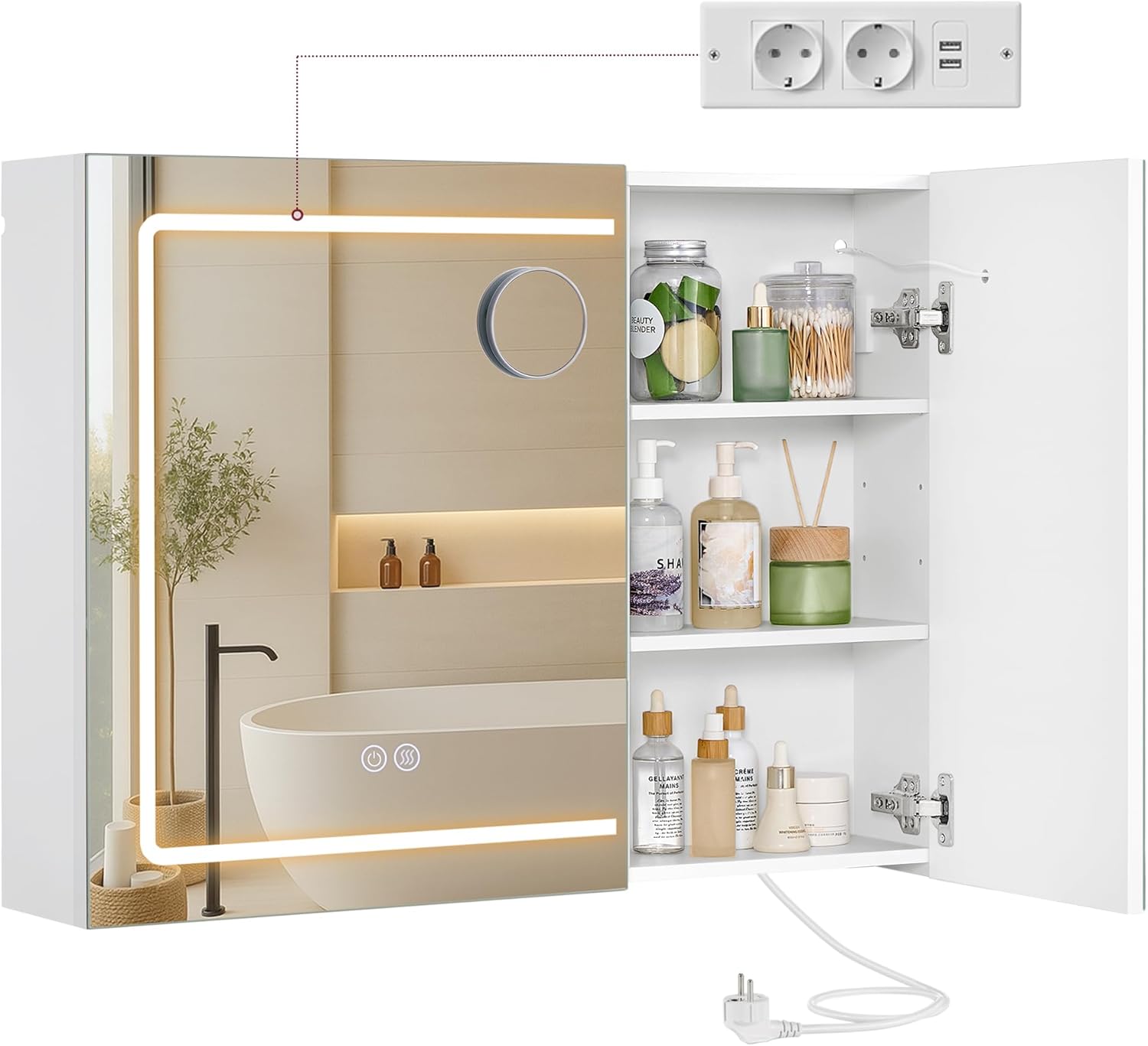 VASAGLE Kailyn Collection BBK134W01 Dulap cu oglindă și iluminare, 16,5 x 80 x 60 cm, Dulap de baie, Dulap de perete, Prelungitor, Funcție de dezaburire, Oglinzi cu mărire 10x, Modern, Alb