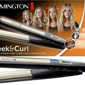 Placă de îndreptat părul Remington S6500 Sleek & Curl cu design rotunjit pentru ondulare precisă, negru/bej