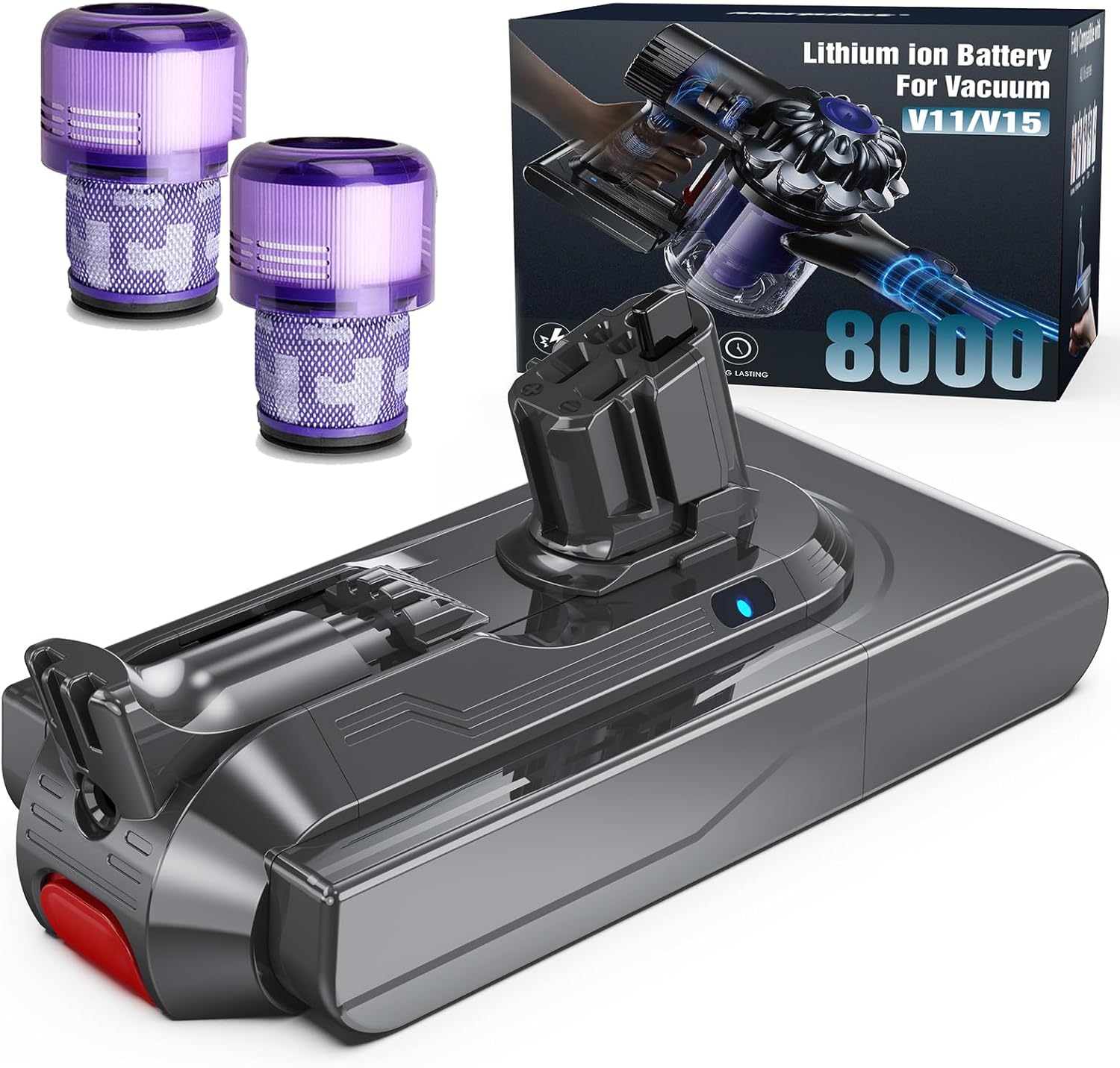 Baterie V11, Morpilot 25.2 V 8000 mAh Baterie de schimb pentru SV15/SV16/V11 Outsize/Absolute Extra/Absolute Pro/Fluffy Extra/Toque Drive/Animal Baton fără fir cu 2 filtre