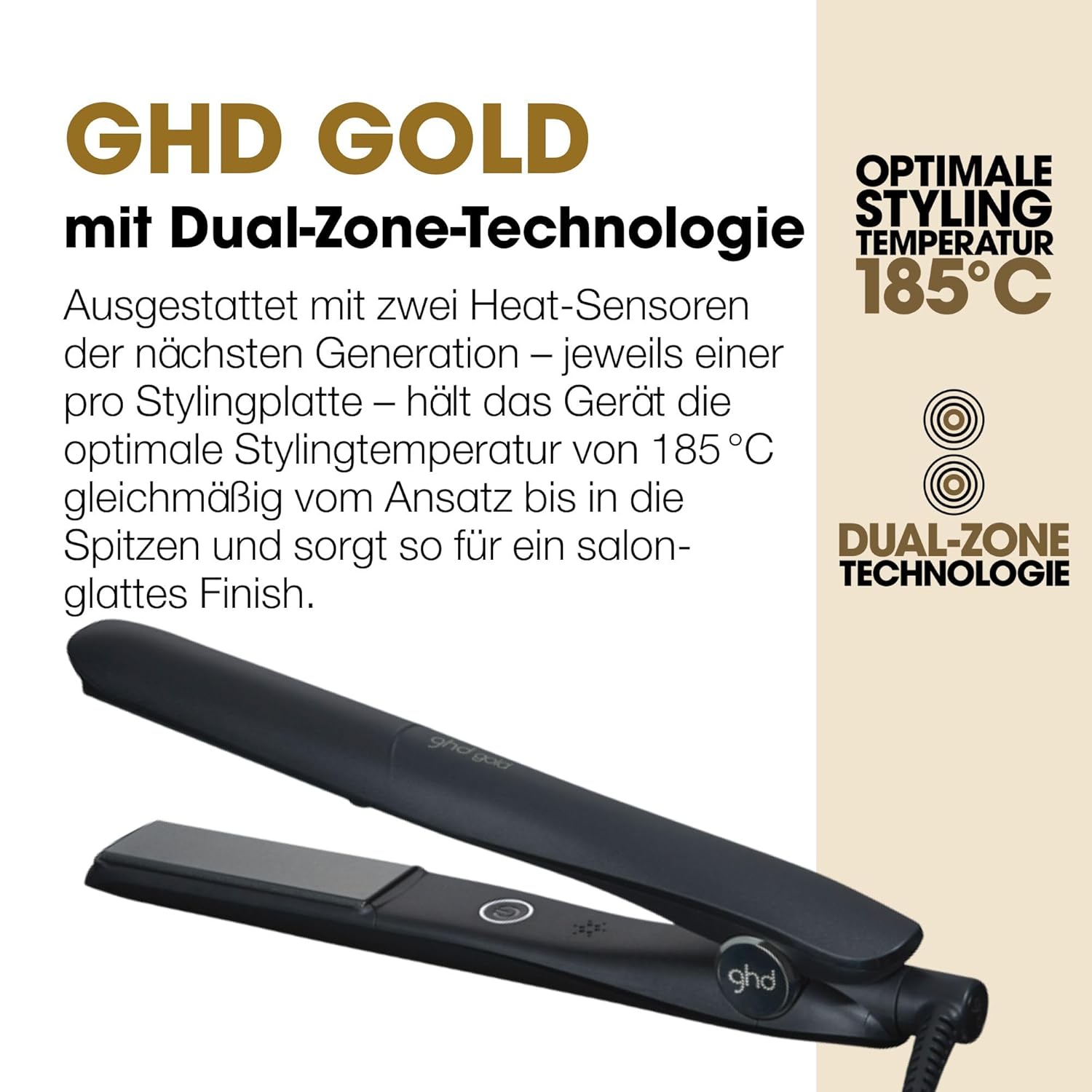 Placă de îndreptat părul profesional ghd Gold pentru îndreptare, ondulare și crearea de onduleuri, temperatură optimă de coafare 185ºC, tehnologie cu zonă duală, negru - Image 3