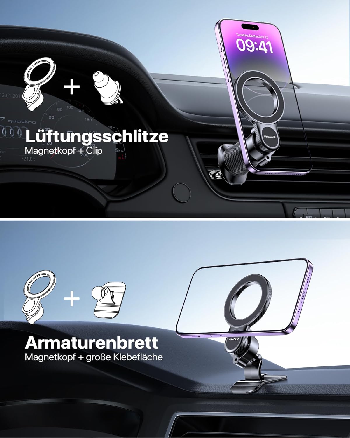 Suport auto Miracase pentru Magsafe - Suport auto cu magnet cu 20 de magneți N55, suport universal pentru telefon mobil, rotativ la 360°, compatibil cu MagSafe și smartphone-uri, negru - Image 2
