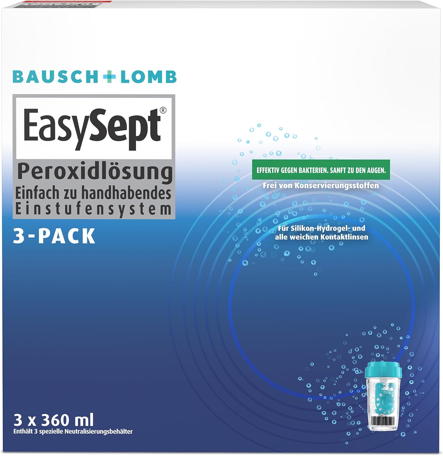 Soluție de îngrijire Bausch + Lomb EasySept pentru lentile de contact moi, pachet de 3, 3 x 360 ml