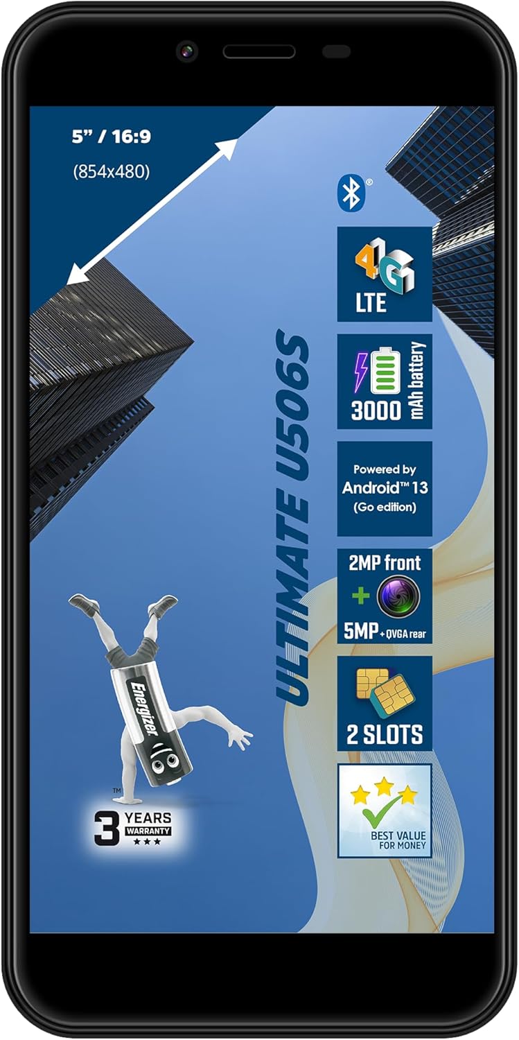 Energizer - Smartphone U506S - Nu este scump - Deblocat 2GB RAM / 32GB ROM - Ecran 5" - Baterie 3000mAh - Cameră spate 5MP + QVGA / față 2MP - Android 13GB - Negru - Image 3
