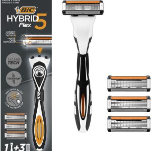 Aparat de ras BIC Hybrid 5 Flex pentru bărbați, cu 3 lame interschimbabile, fiecare cu 5 lame, cu aloe vera și vitamina E, cu aparat de tuns de precizie