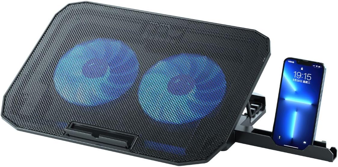 NK Pad de răcire portabil - Ventilator de răcire pentru laptopuri de 12-17 inch cu suport reglabil pe înălțime, 2 ventilatoare silențioase, 2 porturi USB, răcire rapidă, lumină LED albastră - Culoare