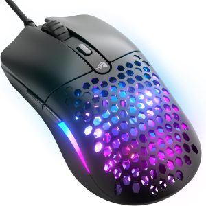 Mouse de gaming GLORIOUS Model O Eternal Ultralight - Cu fir - Doar 55g - Lumini reglabile de utilizator - 6 butoane programabile - Design echilibrat - Senzor optic 12K DPI - PC/Mac - Negru