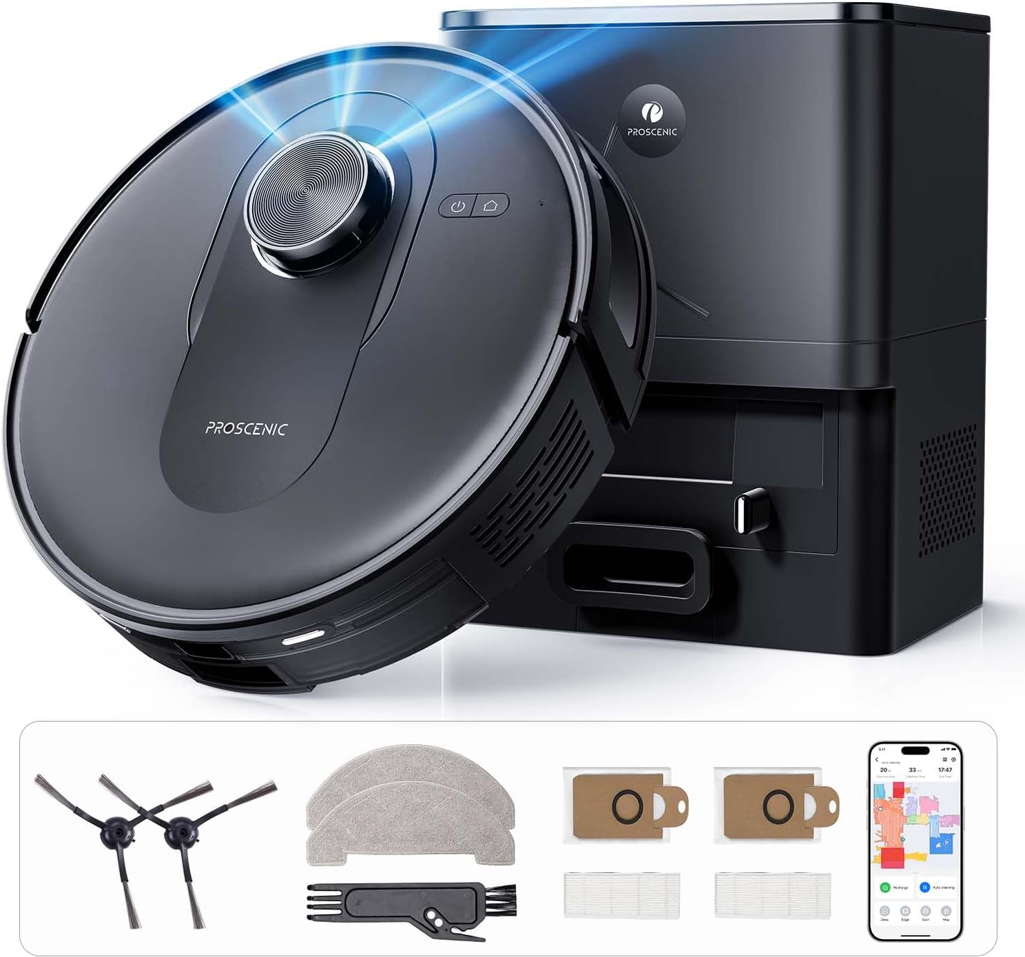 Aspirator robot Proscenic Q8 Max cu stație de aspirare, aspirator robot puternic de 6000Pa, 200min, funcție de ștergere, navigare laser inteligentă cu 5 hărți, control prin aplicația Alexa Siri