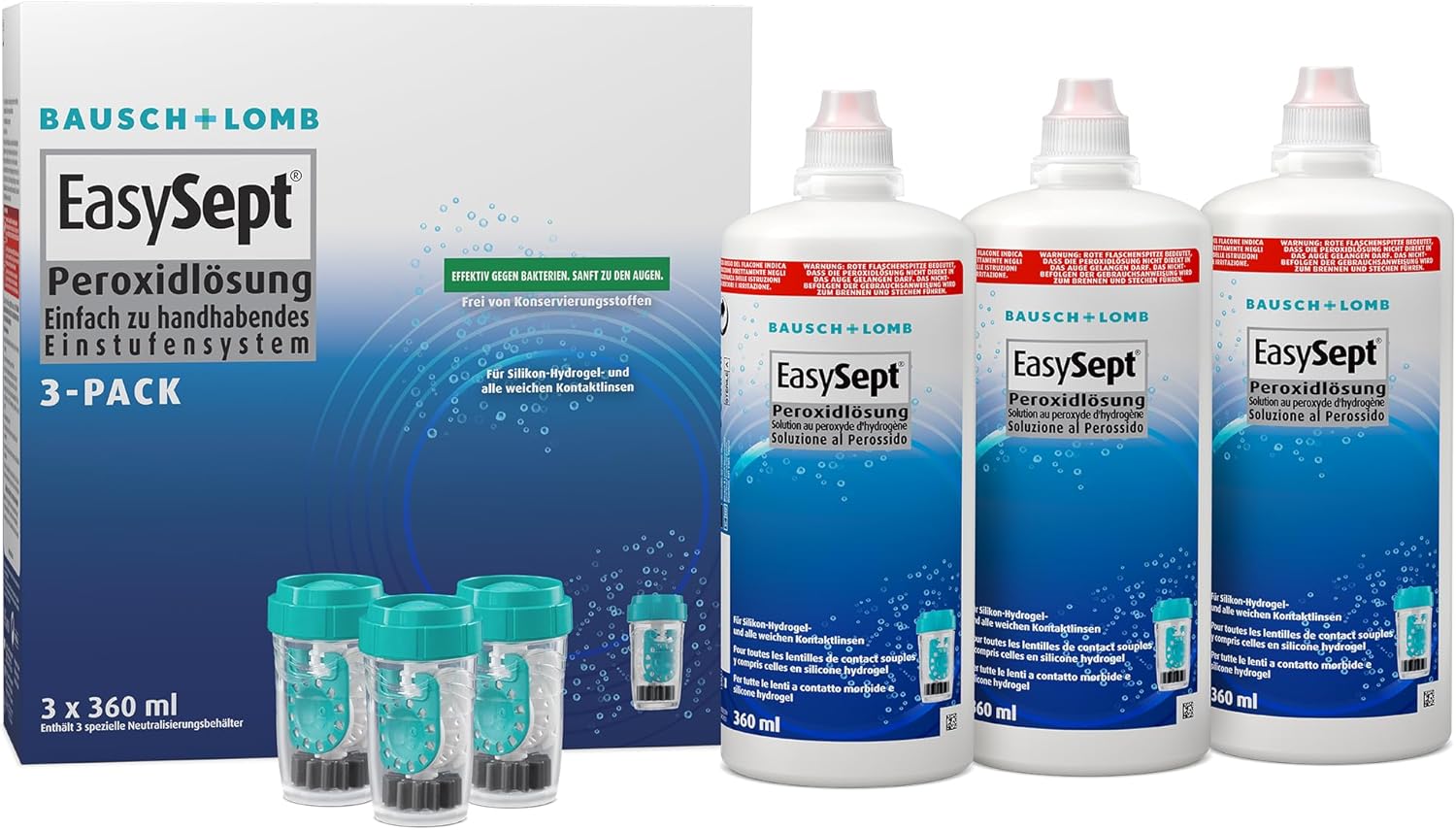 Soluție de îngrijire Bausch + Lomb EasySept pentru lentile de contact moi, pachet de 3, 3 x 360 ml - Image 2