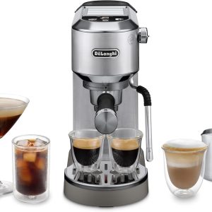De'Longhi Dedica Duo - Espressor compact cu portafiltru Perfetto, cu pictograme soft touch, spumator manual de lapte pentru espresso, cappuccino și cold brew, lățime 15 cm, metal (EC890.M)