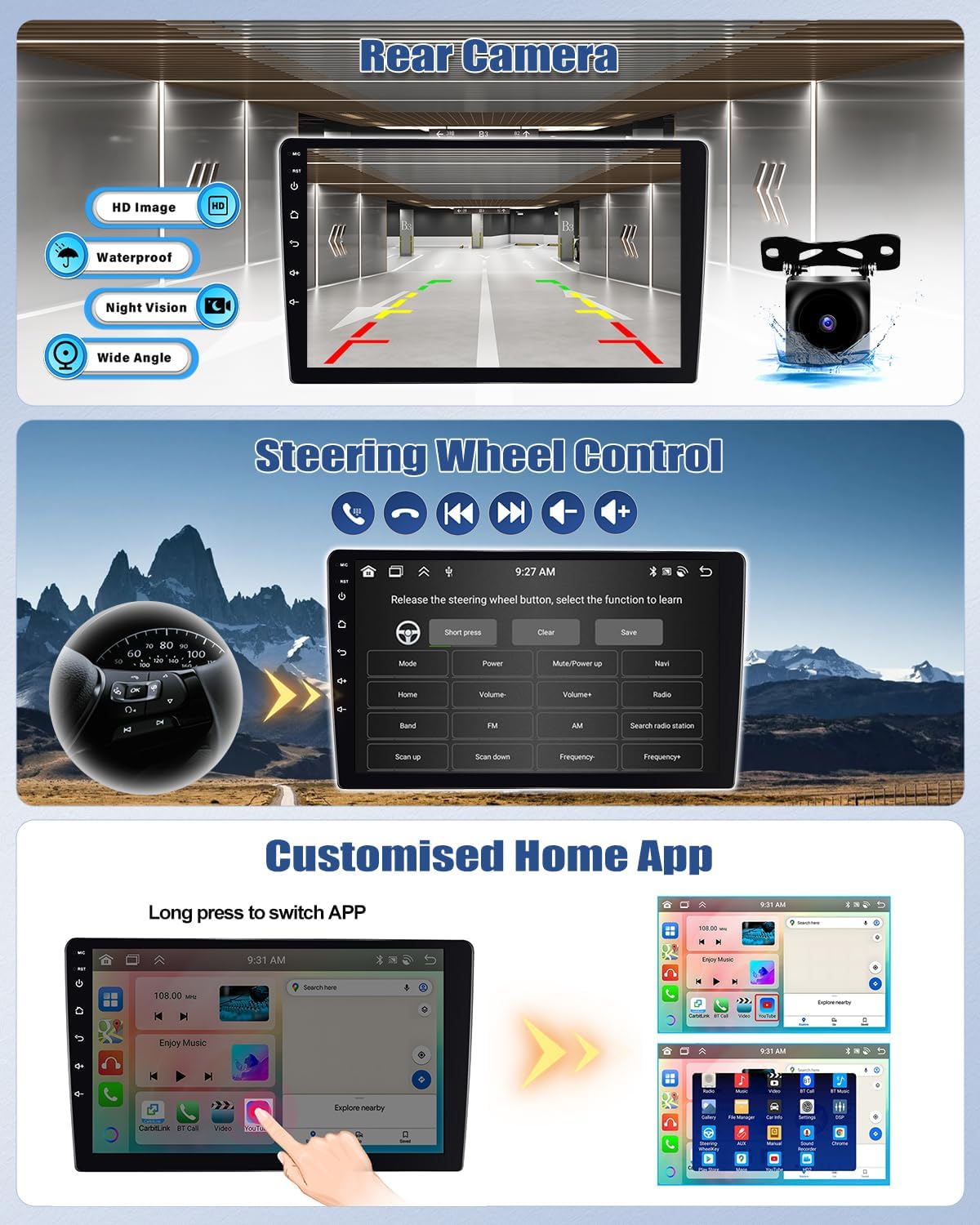 Radio auto CAMECHO cu Android 13, 4G + 64G, pentru BMW Seria 1 E81 E82 E87 E88, cu navigație Carplay, Android Car, 8 nuclee, radio cu ecran de 9 inci, 2 DIN, Bluetooth RDS/FM, WiFi, Mirror Link, DSP + cameră de mers înapoi - Image 4
