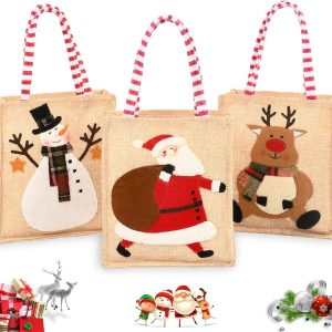 3 Pungi de Crăciun din material textil cu mâner - Moș Crăciun, Om de zăpadă, Elan - pentru ambalarea dulciurilor, ciocolatei