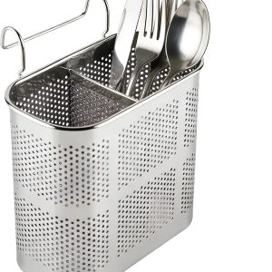 Organizator de ustensile de bucătărie, suport pentru ustensile de bucătărie 13,3 x 12,8 x 7,3 cm, 2 compartimente pentru bețișoare din oțel inoxidabil, depozitare tacâmuri pentru bețișoare, furculiță și lingură, scurgător de vase pentru bucătăria de acasă