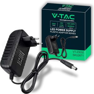 Adaptor de alimentare V-TAC 12 V 30 W 2.5 A pentru camere video, benzi LED, modem - Transformator 12 V - Adaptor de alimentare pentru ecrane și dispozitive electronice - Intrare AC 100-240 V - Ștecăr european