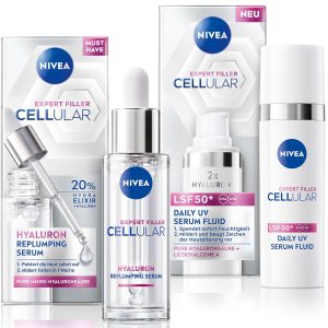 Set rutină NIVEA Cellular Serum cu ser hialuronic și ser fluid UV cu SPF 50, îngrijire zilnică a feței pentru netezirea ridurilor, formulă ușoară și cu absorbție rapidă