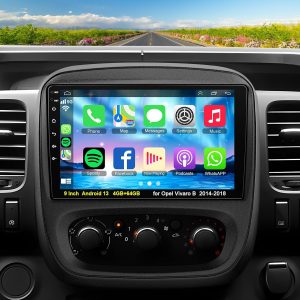 Radio auto 4+64GB pentru Opel Vivaro B 2014-2018 cu Carplay wireless și Android Car, stereo Android 13 Vivaro B de 9 inci cu control vocal Bluetooth 5.2 WiFi GPS SWC EQ FM RDS cameră video spate