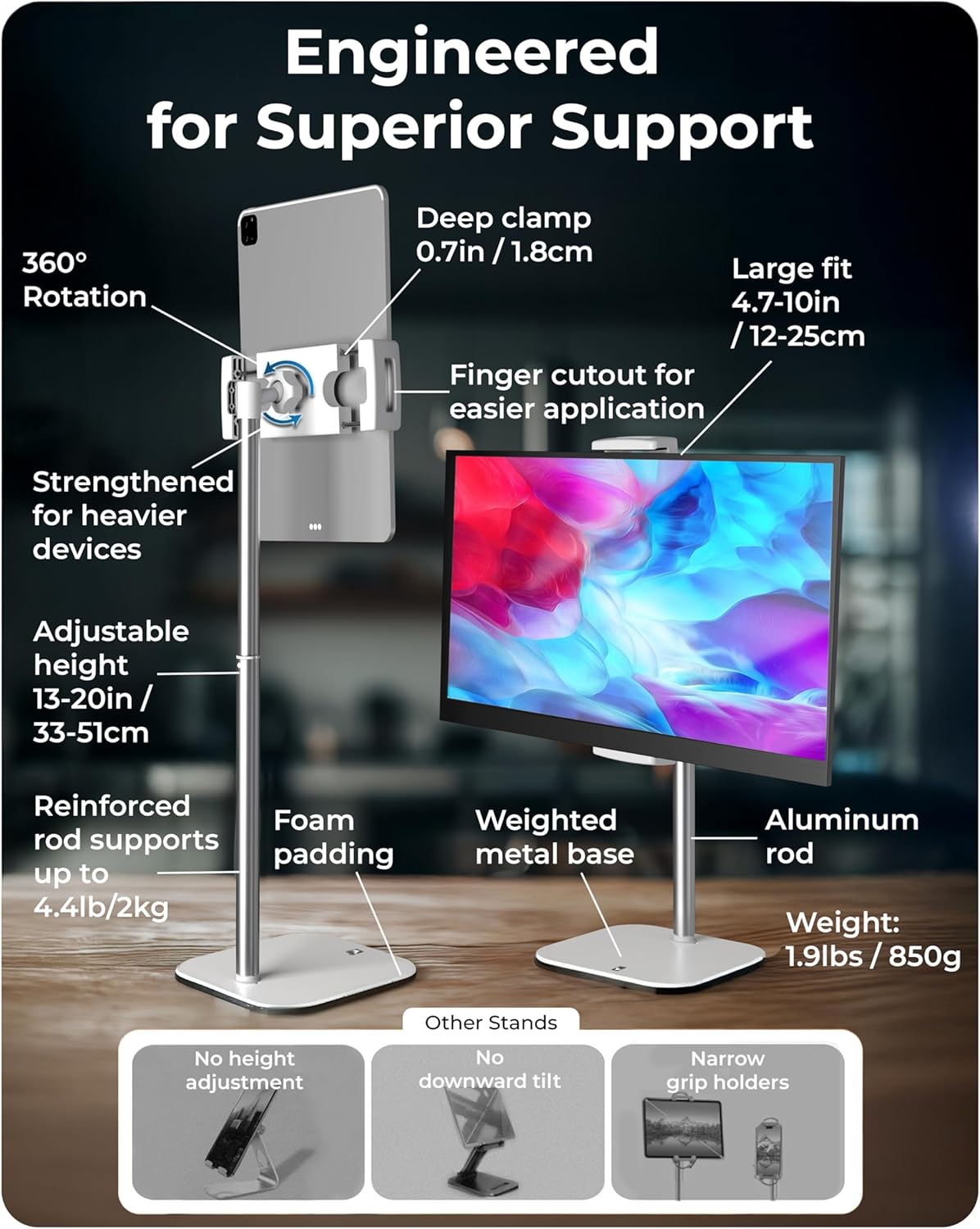 Suport pentru iPad COOPER TabStand de 20 inch pentru birou, suport portabil pentru monitor de până la 17 inch, susține 4,4 lbs suport pentru tabletă desktop suport pentru tabletă suport pentru Apple iPad - Image 3