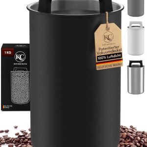 KC Kitchen & Co. Recipient etanș pentru cafea, 1 kg boabe de cafea - Borcan de depozitare din oțel inoxidabil cu capac vidat și sigiliu pentru arome - Borcan de depozitare pentru cafea, ceai, zahăr, cereale, negru mat (2800 ml)